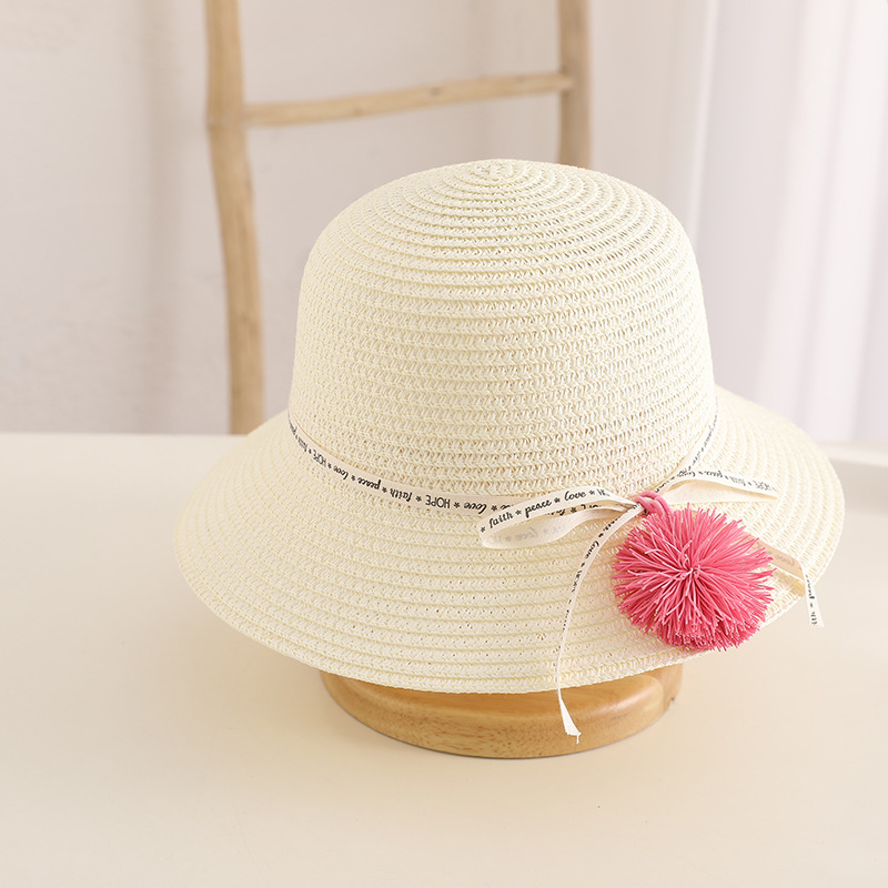 Little Girls' Straw Hat Summer Beach Sun Hat Parent-Child Big Brim Baby Sun Protection Hat Bag Set Small Fur Ball