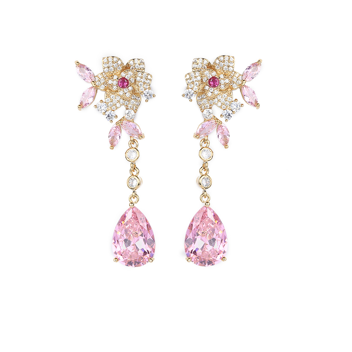 2022 New Light Luxury Flower Sterling Silver Needle Stud Earrings Three-Dimensional Flower Pink Earrings Long Drop-Shaped Ornament