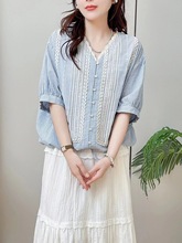 2024夏季女装新款韩版格子蕾丝花边拼接宽松短袖衬衫女衬衣上衣