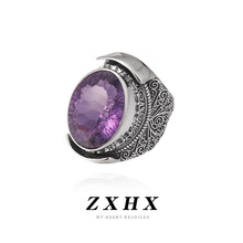 尼泊尔s925银紫水晶戒指女复古小众轻奢夸张大宝石椭圆形活口指环
