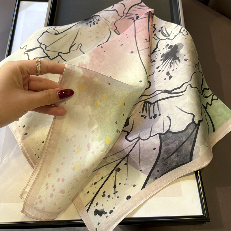 Spring and Autumn Thin Fresh Ink Painting Splash-Ink Epiphyllum Twill Silk Silk Kerchief Silk Scarf Artistic Temperament Summer Women