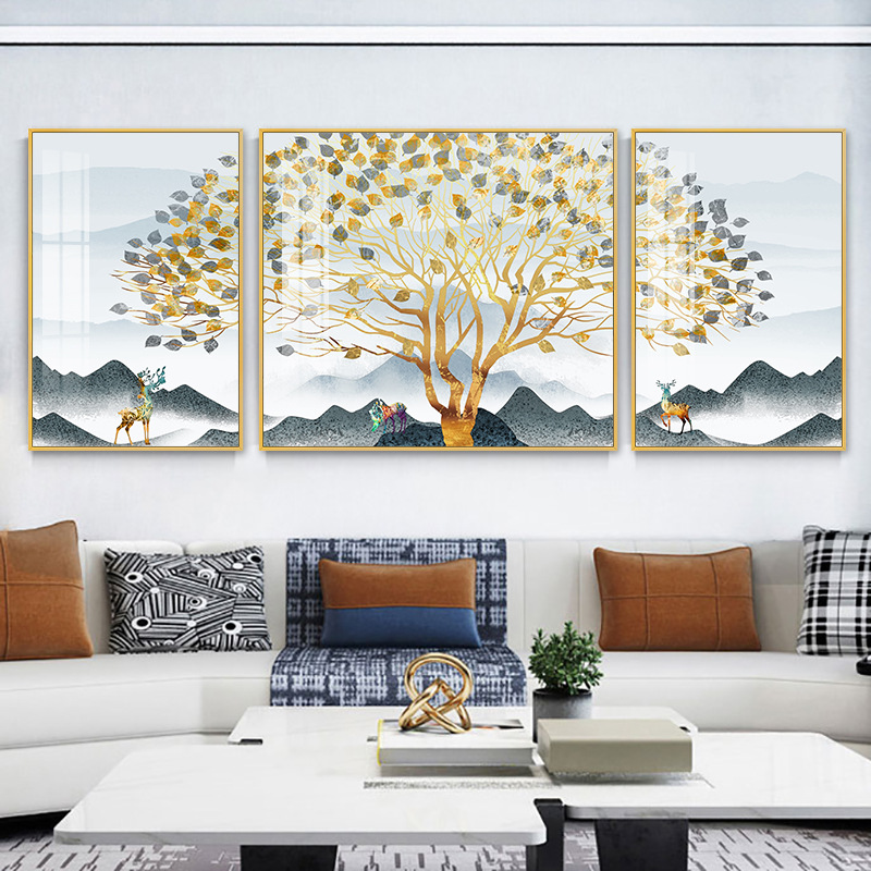 黄金发财树客厅装饰画简约现代北欧壁画沙发背景墙三联挂画墙画