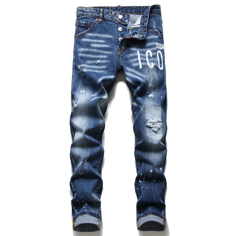 2021 New DSQ Two-Dimensional Slim Jeans Foreign Trade Button Icon Elastic Damage Hip Hop Style European and American