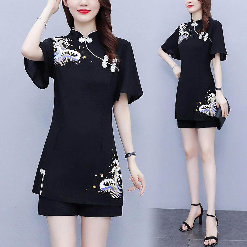 大码女装胖mm夏装改良旗袍套装胖妹妹遮肉显瘦减龄两件套短裤洋气