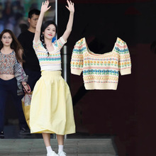 现货周也同款衣服撞色绝美小众设计感时髦T恤上衣半裙两件套女