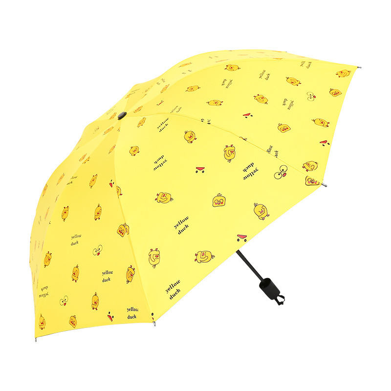 Tiktok Small Yellow Duck Sun Umbrella Folding Sun Protection Black Glue UV Protection Tri-Fold Sun Umbrella