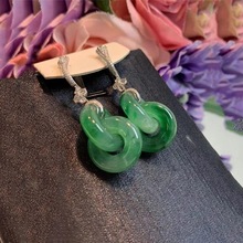 镀纯银天然和田普通石头绿色耳坠环环相扣耳环吊坠两用双环耳环