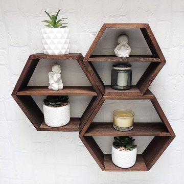 定制桐木炭烧六边形浮动木质搁板蜂窝架加工六角木制浮动置物架