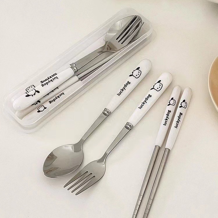 Cartoon Puppy Children Student Outdoor Stainless Steel Convenient Tableware Three-Piece Set Spoon Fork Chopsticks Tableware Set