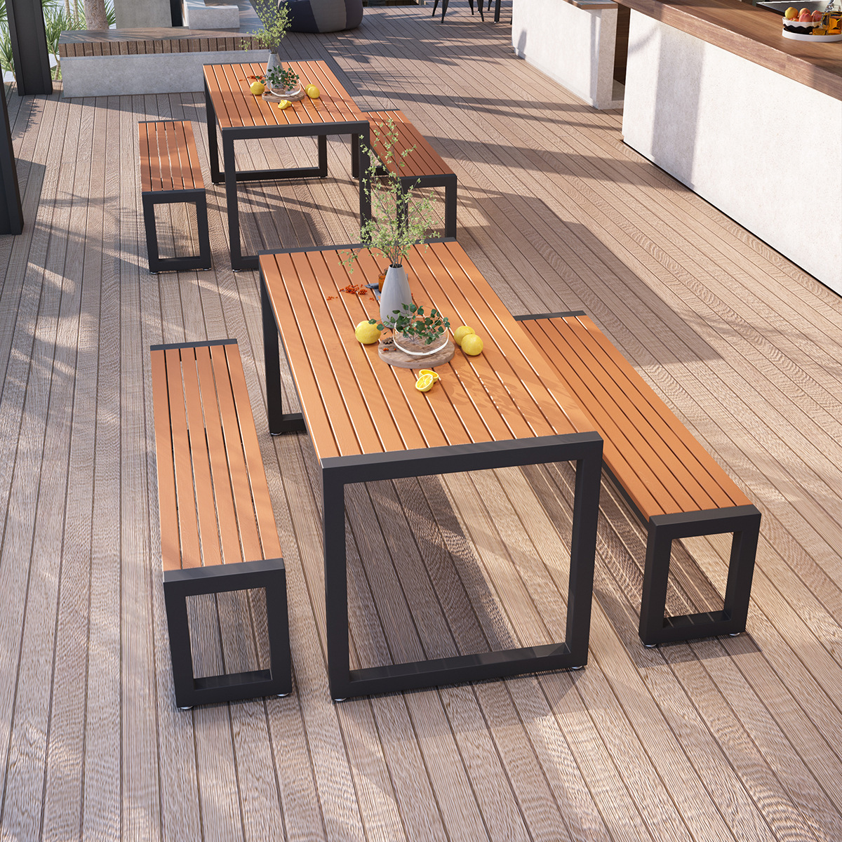 简约户外塑木桌椅组合 长方形洽谈桌子庭院咖啡厅室外露天餐桌椅