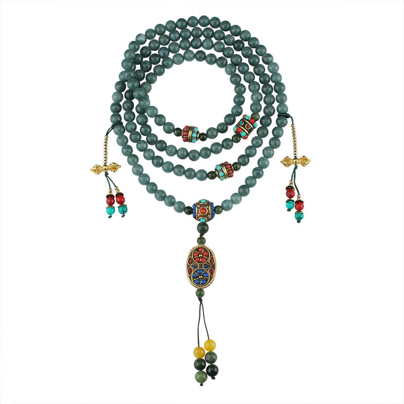 Retro Nepal Jade Beaded Long National Style Crossbody Chain Chinese Back Necklace All-Match Ethnic Style Ornament
