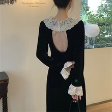 甜美纯欲风美背蕾丝长袖丝绒连衣裙女2023春夏季新款收腰显瘦字图