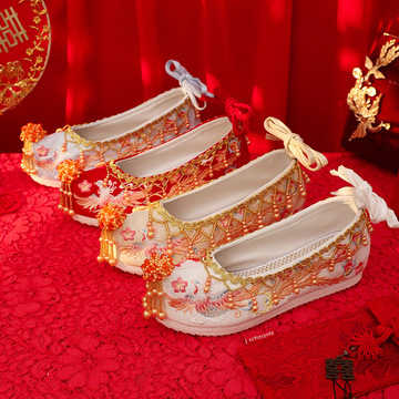 容颜鞋内增高婚鞋中式新娘鞋凤凰项链香槟色绣花鞋古装秀禾服汉服
