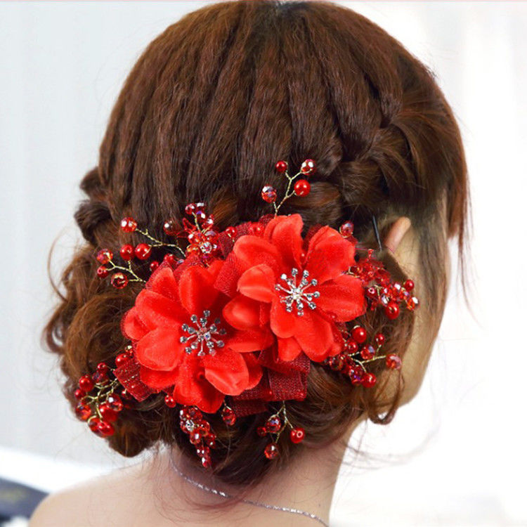 中式盘发红色头花新娘发饰发带旗袍走秀头饰结婚红色秀禾服发饰批