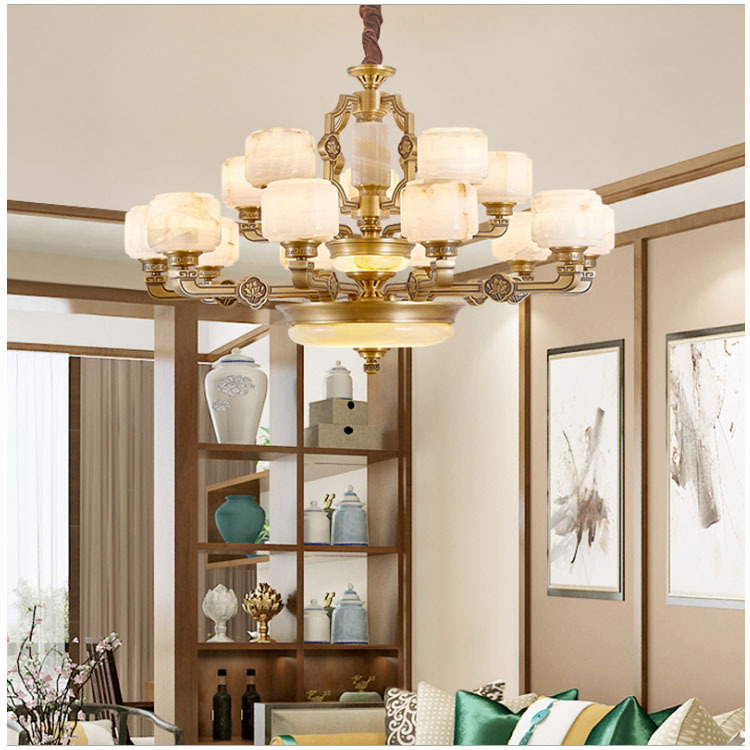 定制新中式天然玉石吊灯大气别墅客厅全铜云石灯中国风复式楼灯饰