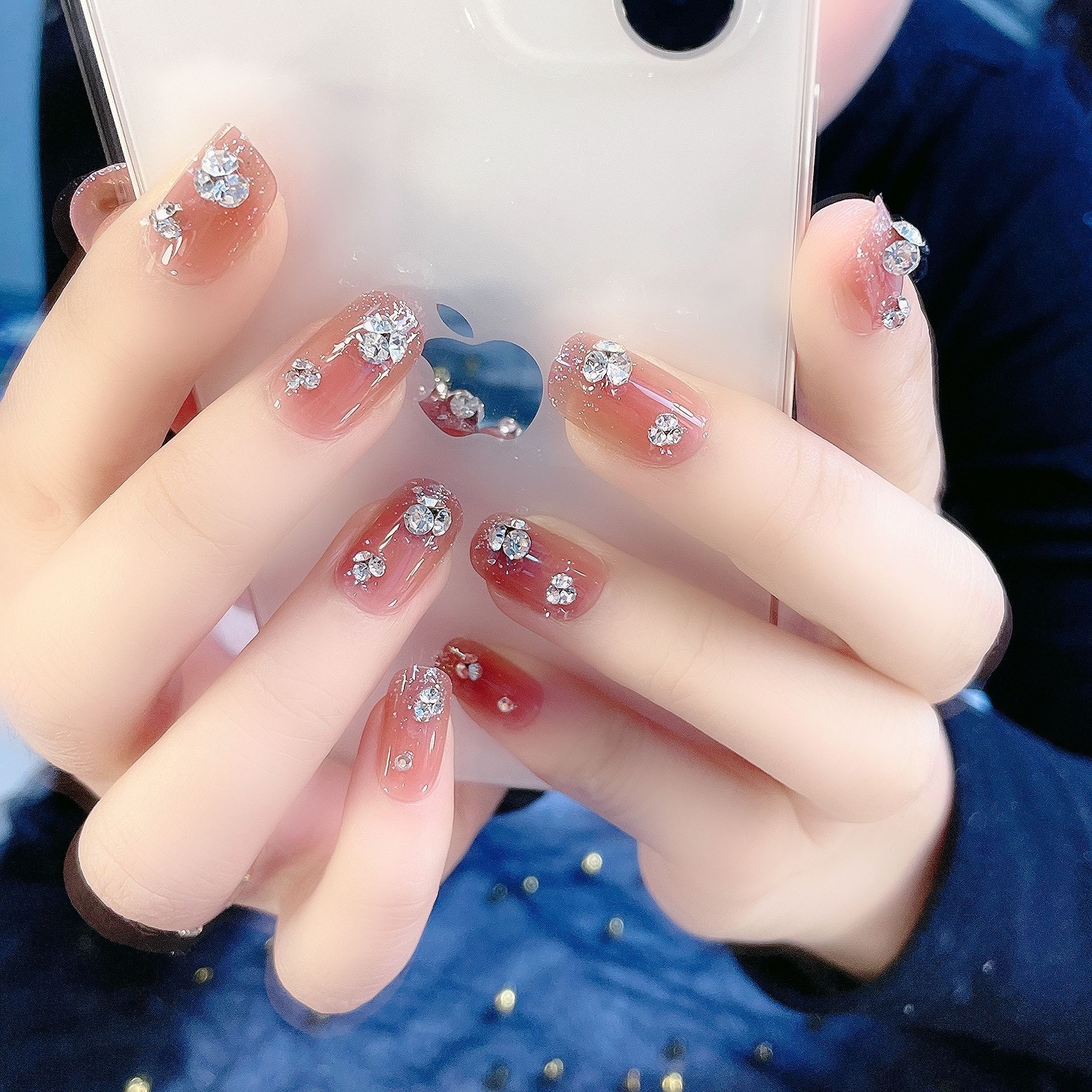 穿戴美甲中长闪粉重工钻显白假指甲贴片成品甲片美甲工具可拆卸