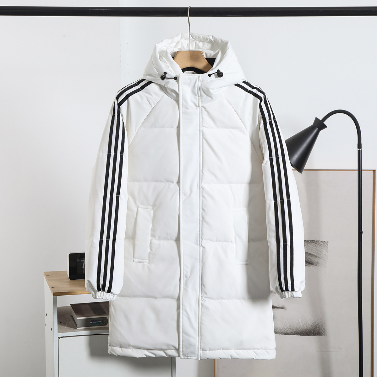 2023加厚情侣款外套男女同款班服上衣三条杠中长款羽绒服955-阿里巴巴