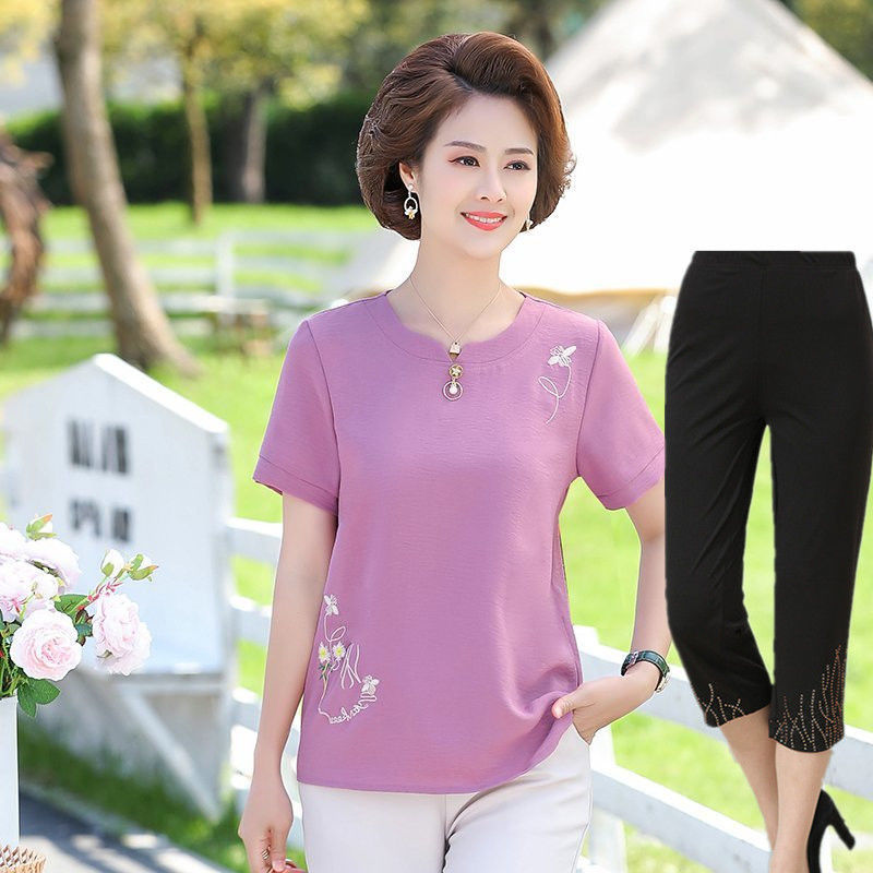 新款妈妈夏装上衣洋气40-50岁中年妇女短袖恤中老年夏季小衫套装