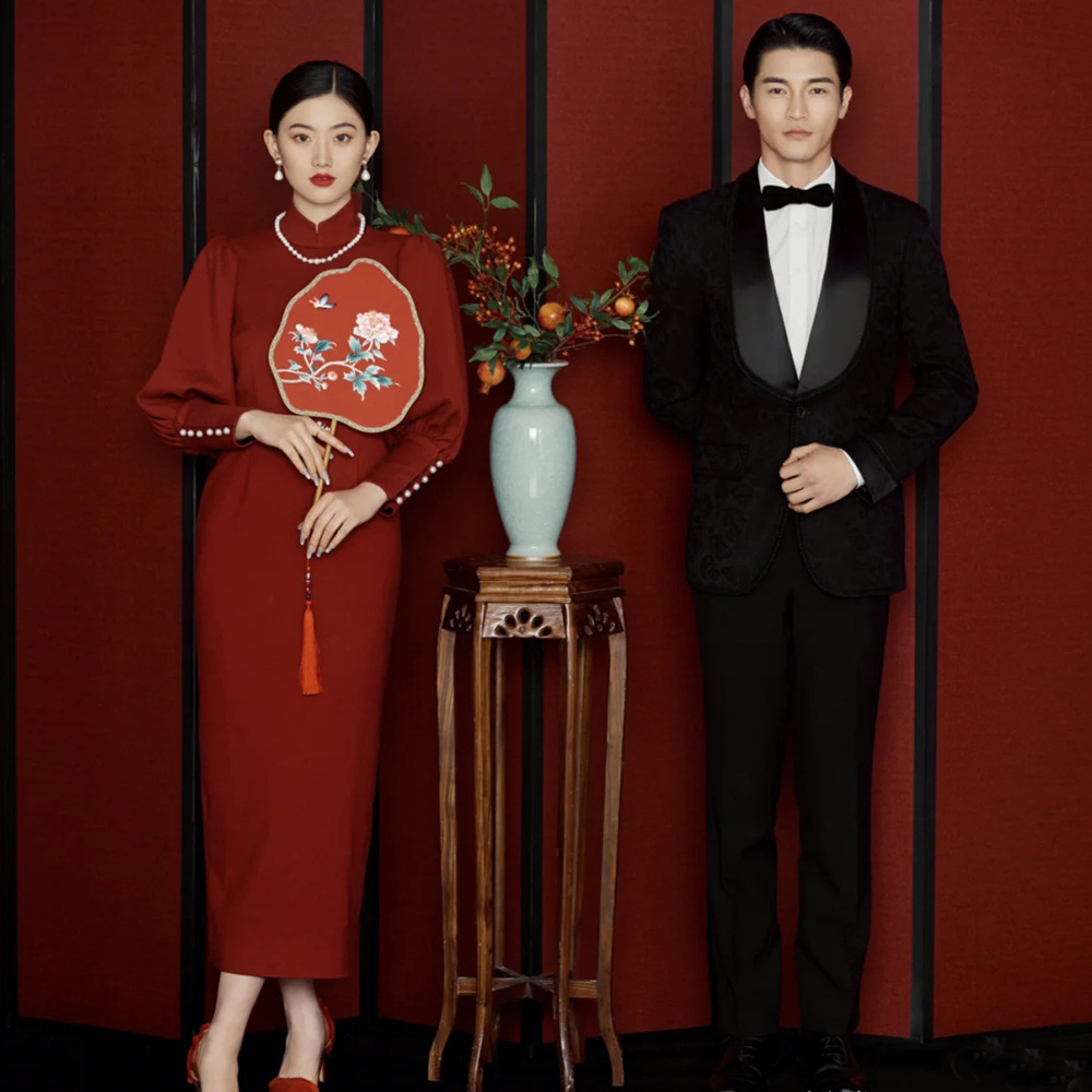 旗袍敬酒服复古新中式长袖民国风订婚结婚主题摄影红色法式礼服女