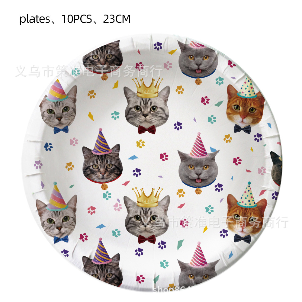 Cat Pet Theme Birthday Party Cutlery Tray Cup Tissue Balloon Background Cloth Decoration Children Supplies Set