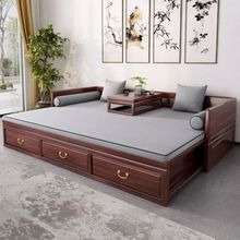L7老榆木罗汉床实木新中式沙发床推拉伸缩储物两用罗汉榻黑胡桃木