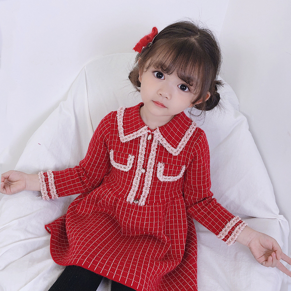 女童连衣裙长袖红色秋装女宝宝毛衣秋冬洋气儿童小童公主裙子婴儿