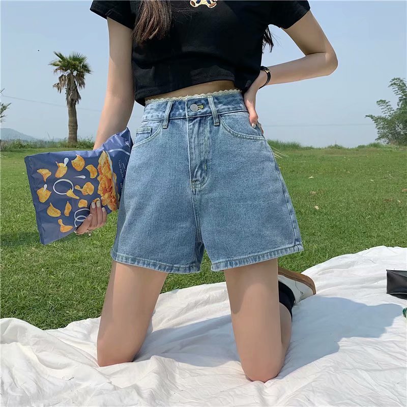 2021韩系学院少女夏日花边蕾丝边阔腿腰牛仔短裤2021学生字热裤潮