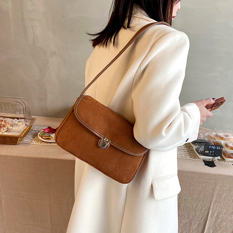 Blue Cool Bag for Women 2021 Korean Style New Retro Corduroy Shoulder Lock Underarm Bag Ins Autumn and Winter Women's Bags