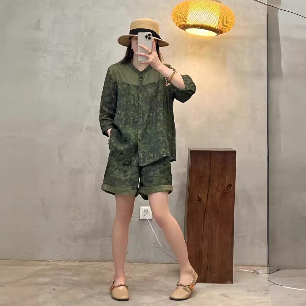 2024夏季新款苎麻套装女 扎染立领长袖衬衫 休闲百搭短裤两件套