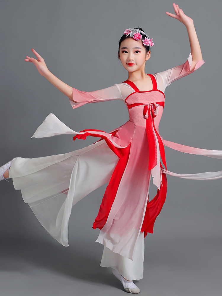 儿童古典舞演出服女童飘逸汉服裙舞蹈服中国风汉唐表演服装扇子舞