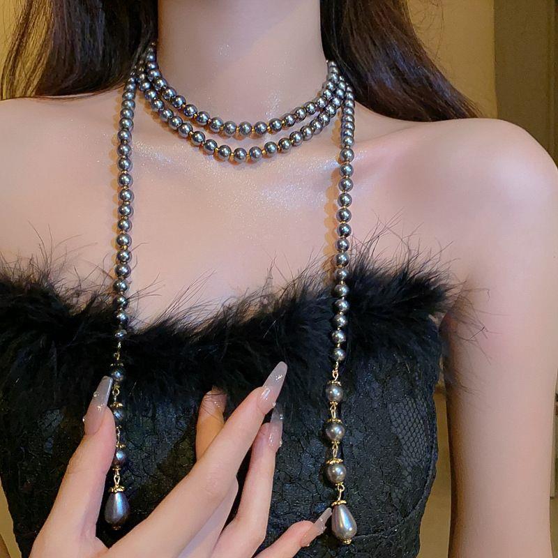 水滴珍珠多层项链女法式复古长款流苏锁骨链宫廷设计感颈链颈饰女
