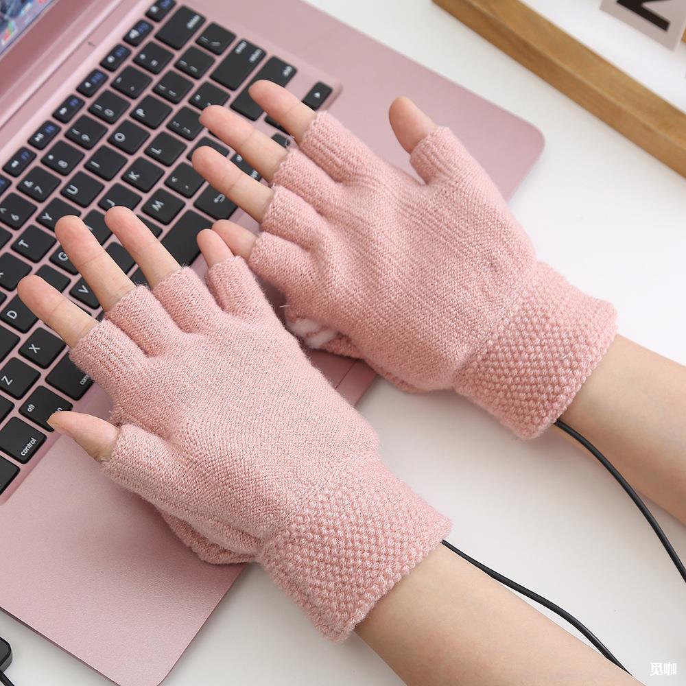 跨境usb加热手套两面电热成人露指翻盖手套加厚保暖半指手套批发