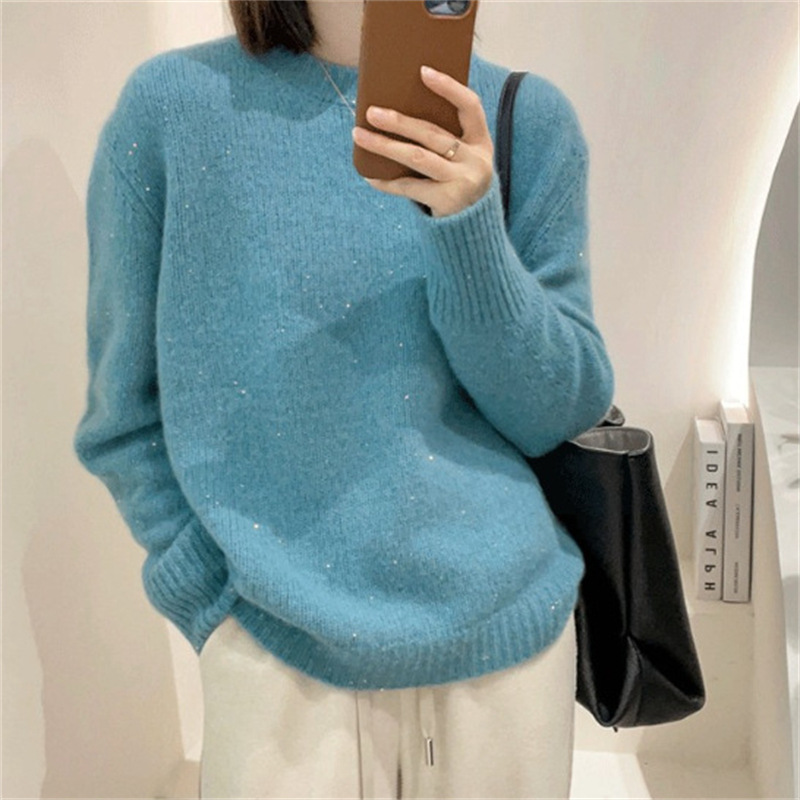 韩版纯色软糯圆领套头毛衣女2023秋冬新款小众亮丝打底针织衫上衣