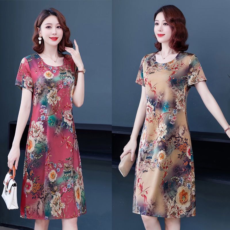 2023 New Middle-Aged Women's Summer Dress Middle-Aged and Elderly Women's Dress Short Sleeve Dress Slim Mid-Length Dress