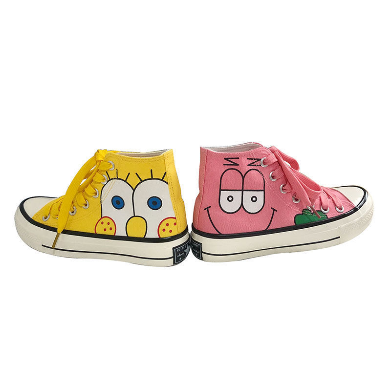 海绵宝宝鸳鸯鞋涂鸦手绘高帮帆布鞋女2022新款韩版百搭学生板鞋潮