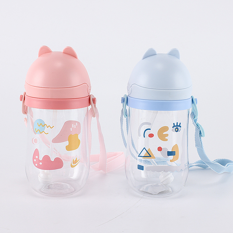 Qu Tongqu Cat 350ml Children's Straw Plastic Cup Baby Water Cup Student Flip Cup No-Spill Cup