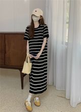 夏季韩版洋气减龄条纹针织短袖连衣裙女2024新款宽松直筒气质长裙
