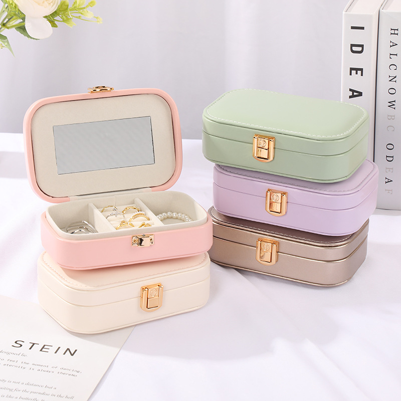 Cute and Compact Multi-Grid with Mirror Jewelry Box Small Portable Jewelry Box PU Leather Candy Multi-Color Jewelry Storage Box