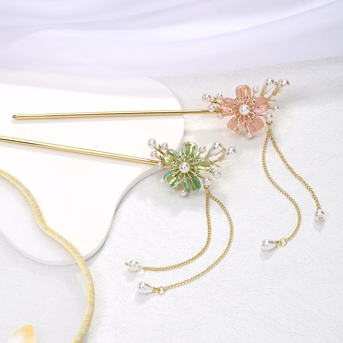 原创古风鎏金花朵珍珠发簪简约流苏盘发簪子汉服旗步摇袍优雅头饰