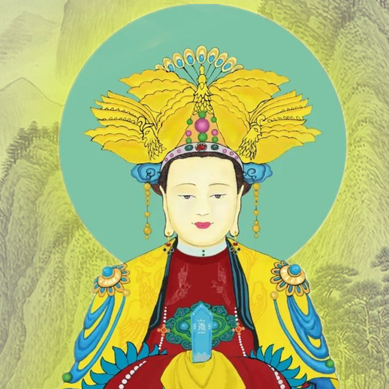 泰山奶奶神像挂画供奉泰山老母圣母娘娘像碧霞元君家用丝绸卷轴画