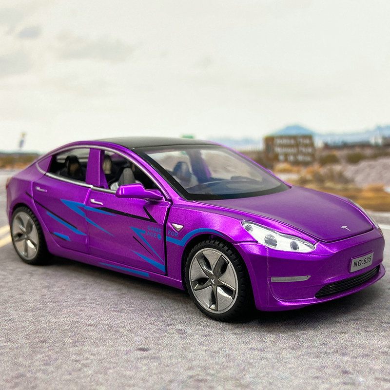 万宝1:32特斯拉model3合金汽车模型仿真声光回力吃鸡儿童玩具摆件