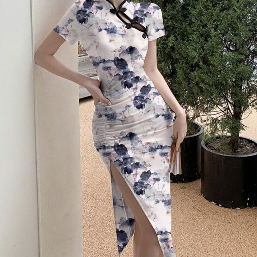 跨境改良版旗袍2024年轻款性感纯欲夜店风连衣裙辣妹少女开叉裙