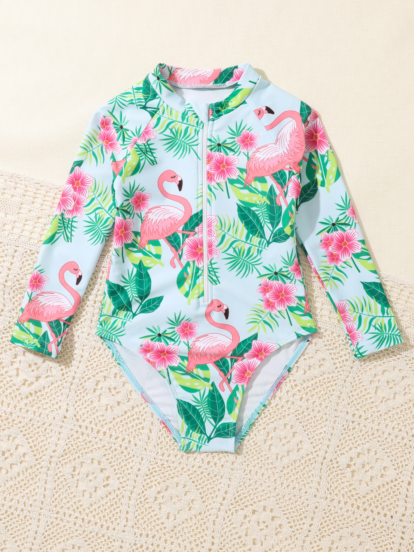 2023 Children's Baby One-Piece Zipper Swimsuit Cartoon Flamingo Girl Swimsuit