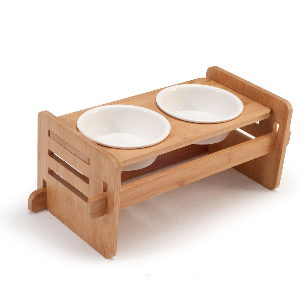 简约木质宠物碗支架创意宠物店陶瓷猫碗架竹木狗猫喂食宠物食具