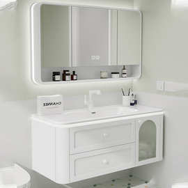 橡木轻法式浴室柜陶瓷一体盆卫浴柜洗漱台玻璃门粉色洗手盆柜组合
