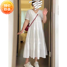 大码女装翻领白色正肩短袖仙女裙夏季胖mm显瘦遮肉垂感高腰连衣裙