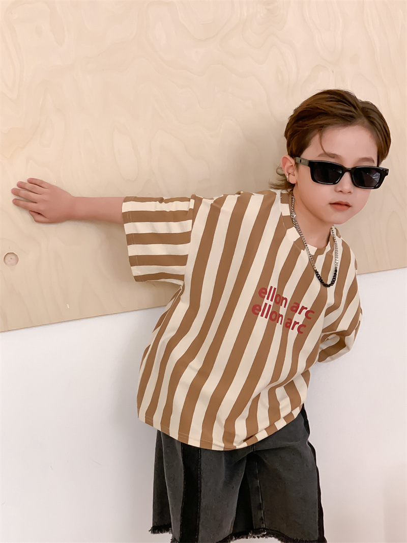 Boys' Summer New Children Toddler Baby Vertical Stripe T-shirt Children's Short-Sleeved Loose Top Korean-Style Half-Sleeved T-shirt Fashion