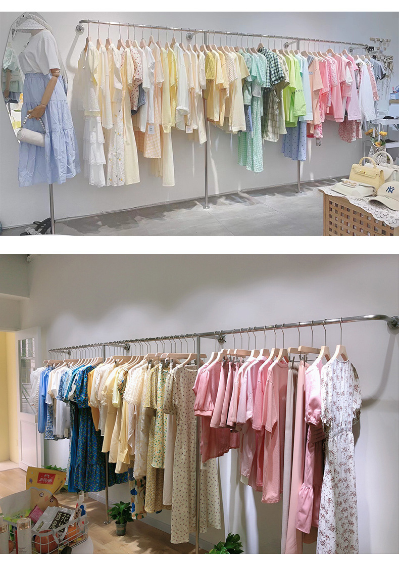 服装店展示架落地挂衣服货架子女装店壁挂墙上不锈钢杆陈列童装架