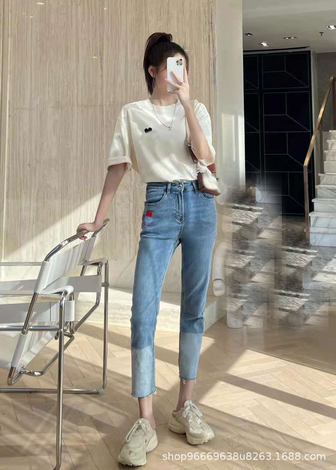 AM * 21 Autumn Light Blue Gradient Color Love Letter Embroidered High Waist Jeans Women's Slim Slimming Cropped Pants Women