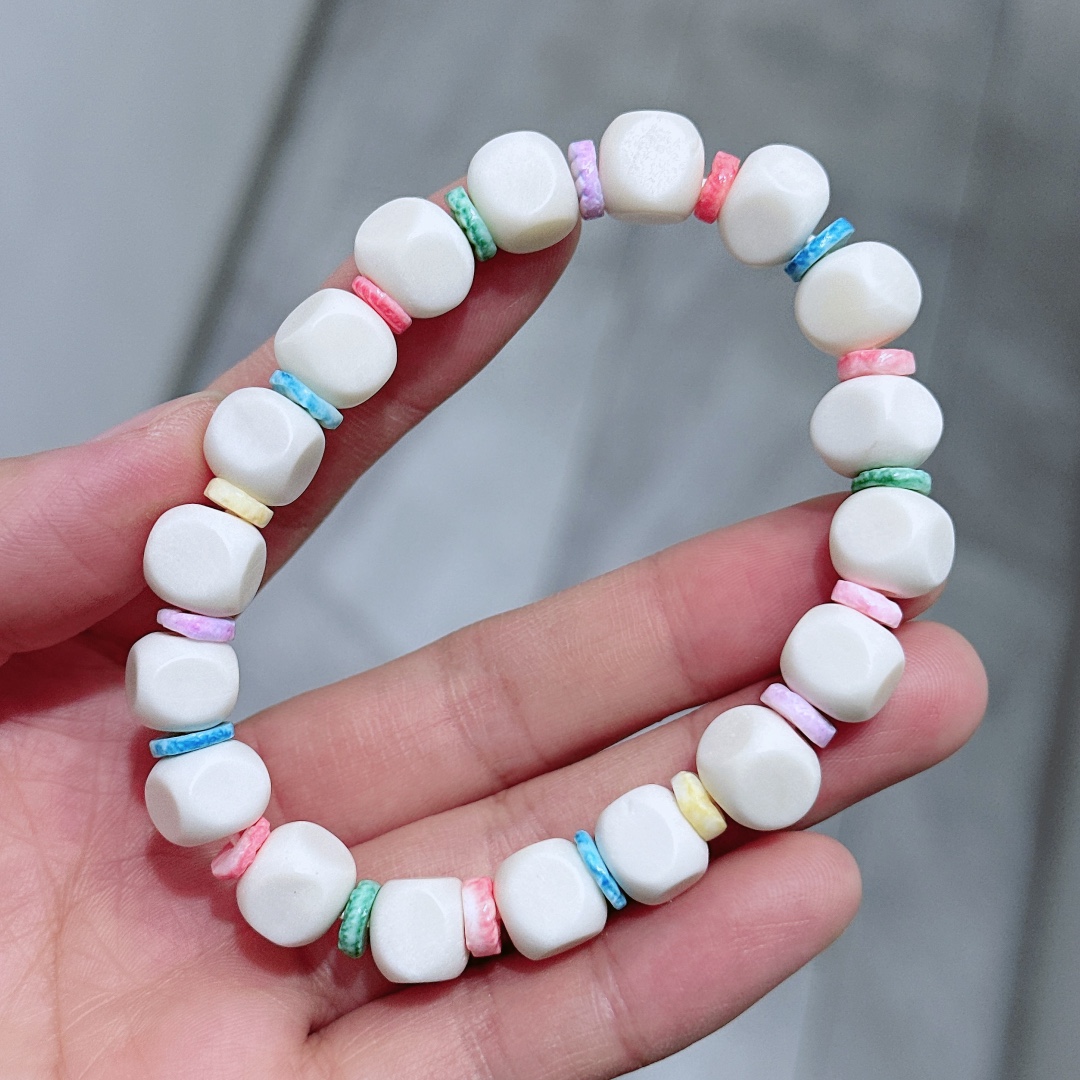新品牛骨糖块单圈手链配彩虹贝壳文玩时尚饰品佛珠手串-阿里巴巴